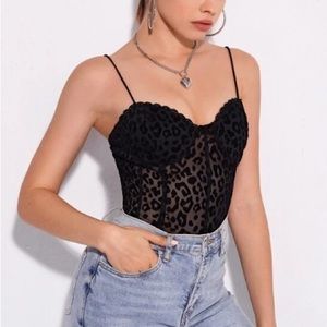 Sheer Black Leopard Print Corset Mesh Sexy Spaghetti Strap Cami Top Size Small